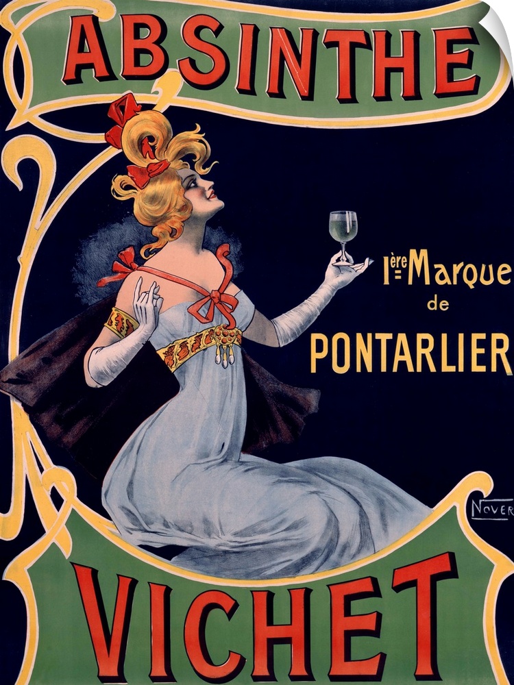 Classic advertisement for Absinthe Vichet featuring a lovely blonde woman in a dress and gloves holding up a glass of the ...