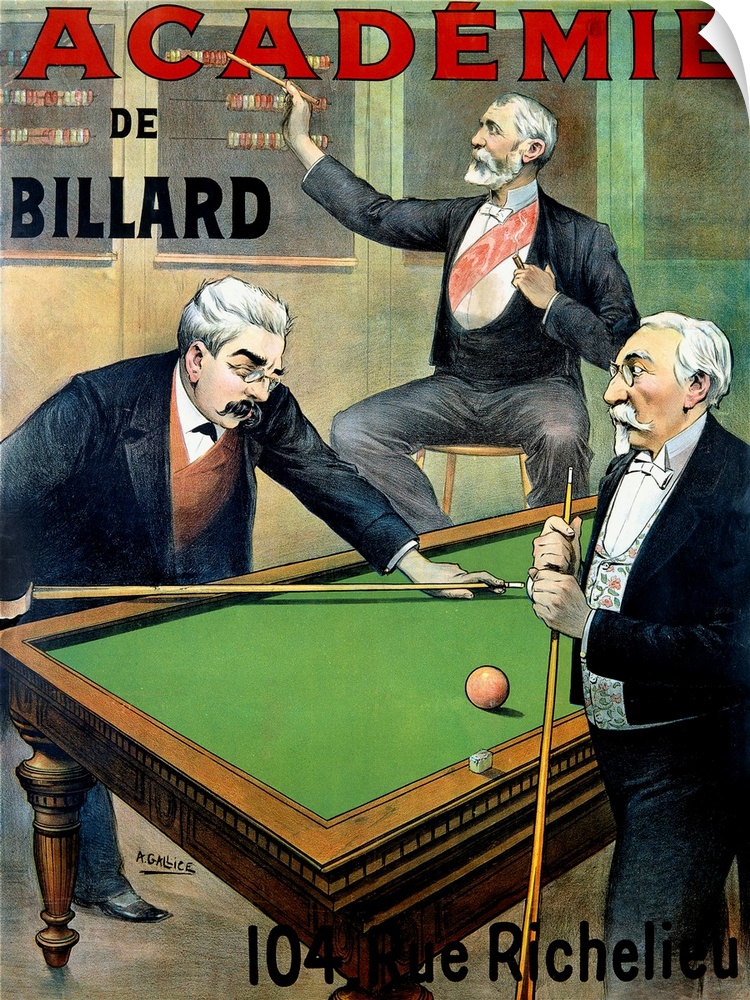 Vertical, vintage advertisement with the text "Academie de Billard" of two men playing pool, while a third in the backgrou...