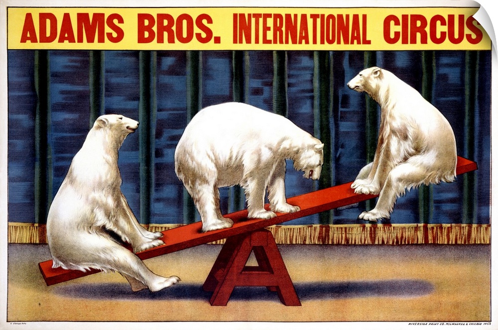 Giant canvas art showcases an advertisement for a carnival as three polar bears are seen balancing themselves on a see saw...