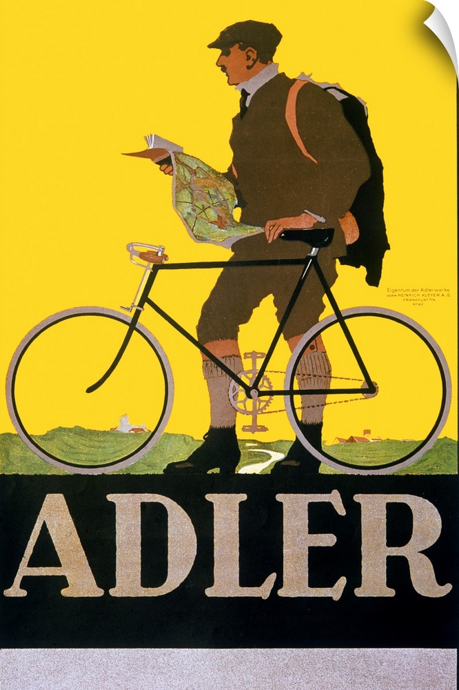 Antique poster of a painting of a man walking next to a bicycle holding a map.