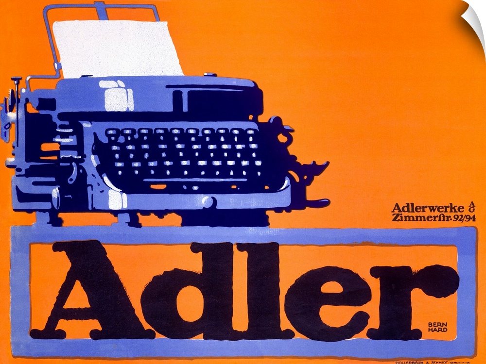 Classic advertisement for Adler Typewriters featuring a typewriter sitting on top of the company name in large print on a ...