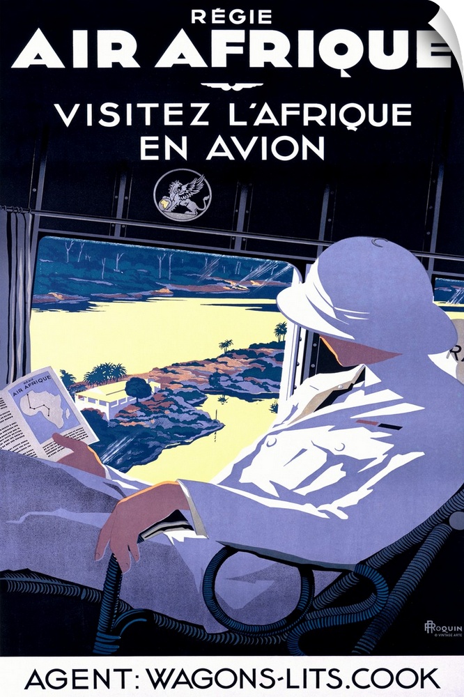 Retro poster on canvas of a man sitting in a plane seat looking out the window at the landscape below.