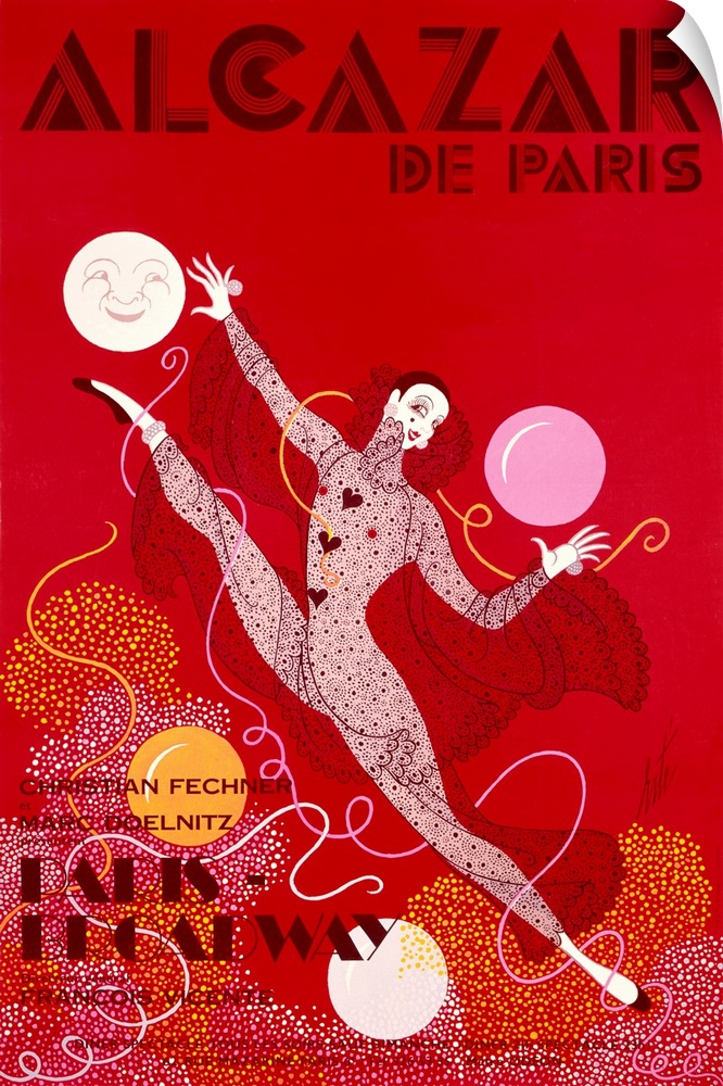 Vintage advertisement featuring a dancing woman leaping into the air on a bright red background.