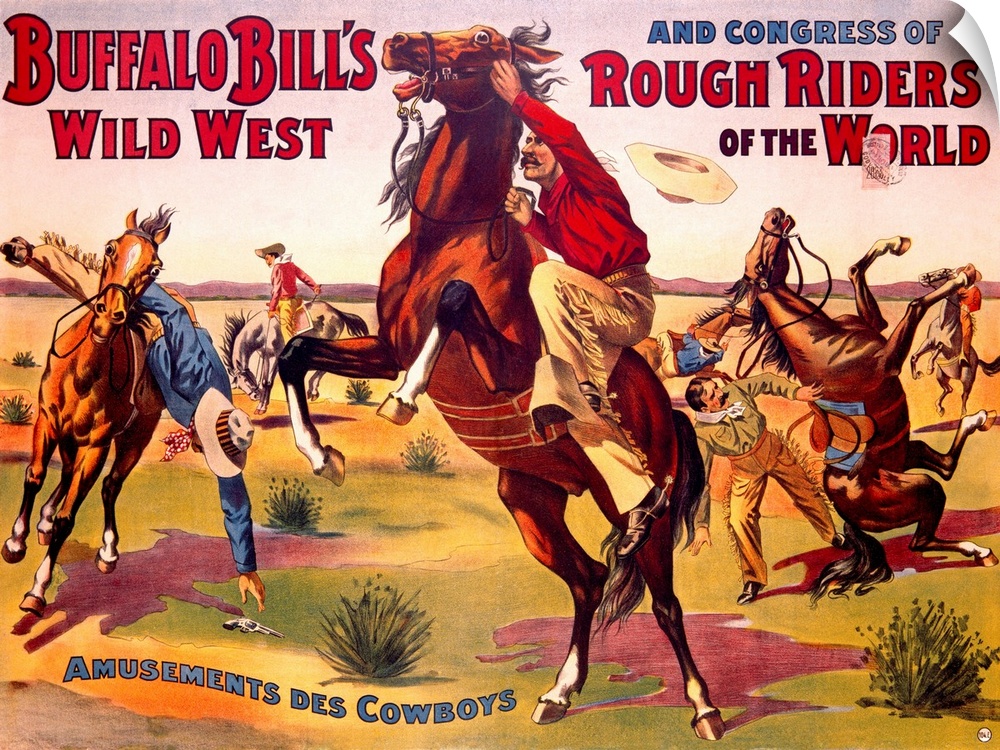 A piece of vintage artwork that has numerous cowboys being thrown off the backs of the horses they are riding. Text is wri...