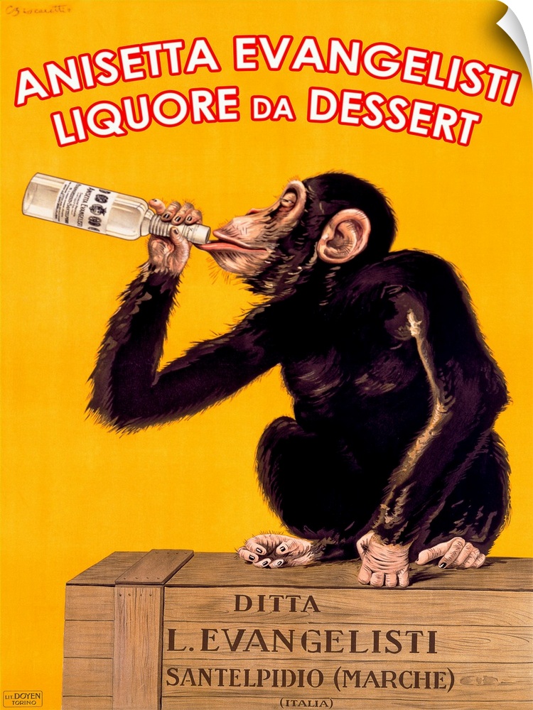 Antique poster print of a monkey sitting on top of a wooden crate drinking a bottle of liquor.