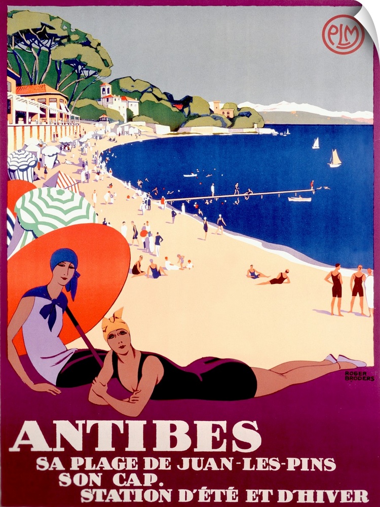 This vintage poster has two women in bathing suits showcased in the foreground with a beach full of people and beach umbre...