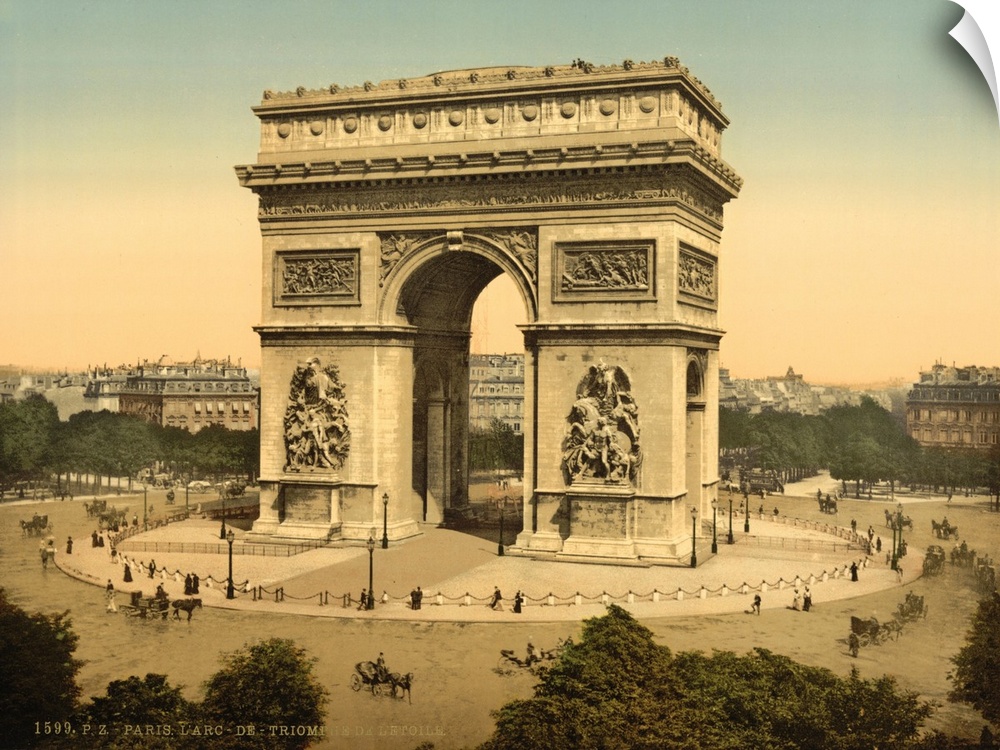 Hand colored photograph of arc de triomphe, de l'etoile, Paris, France.