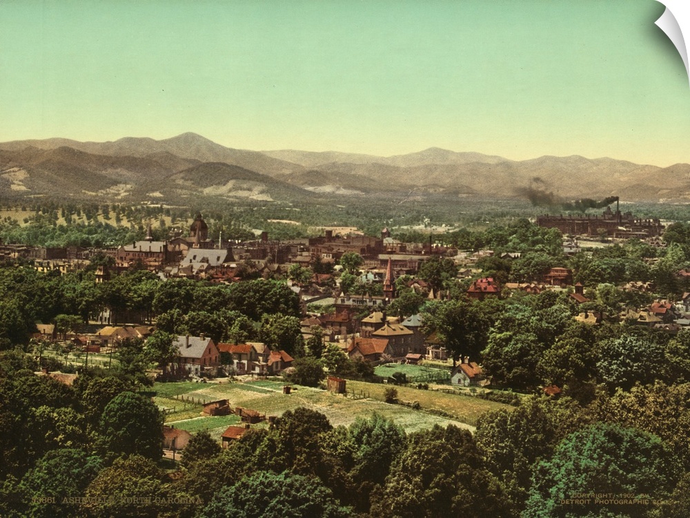 Hand colored photograph of Asheville, North Carolina.