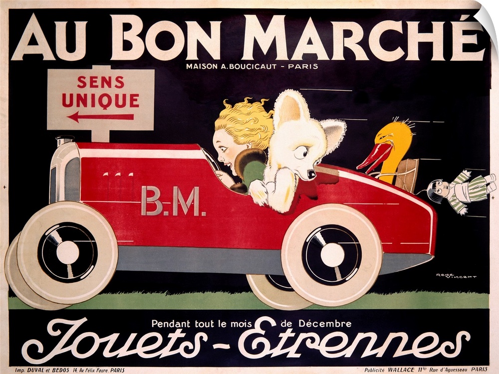 Classic advertisement for the Au Bon Marche featuring a woman driving a car with an animal in the passenger seat with toys...