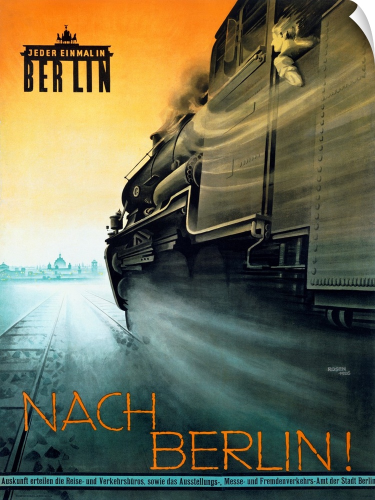 Vintage Nach Berlin poster with a speeding passenger train passing by towards the city.