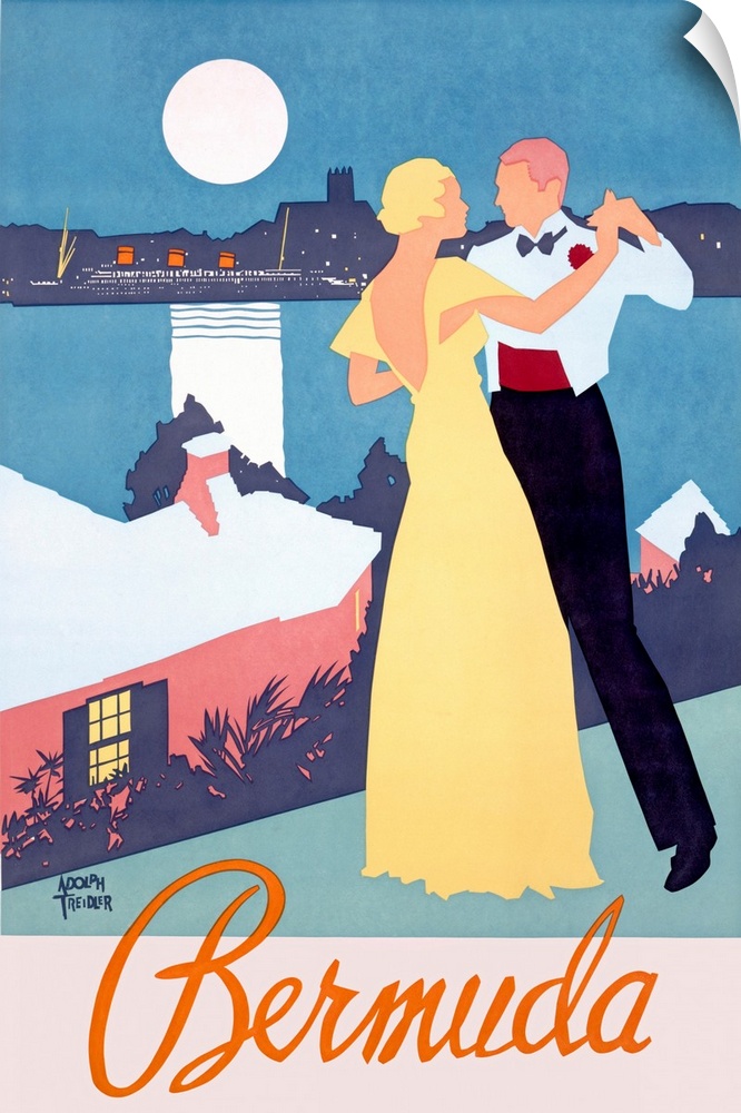 Vintage travel poster for the island of Bermuda with an elegant couple dancing on the shores and a cruise ship docked in p...