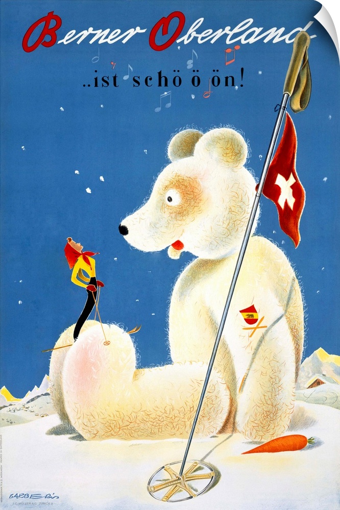 This vintage artwork shows a giant teddy bear sitting in the snow with a skier standing on its foot and looking up toward ...