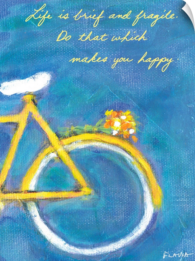 Large painting on canvas of the back of a bike with flowers attached to it.