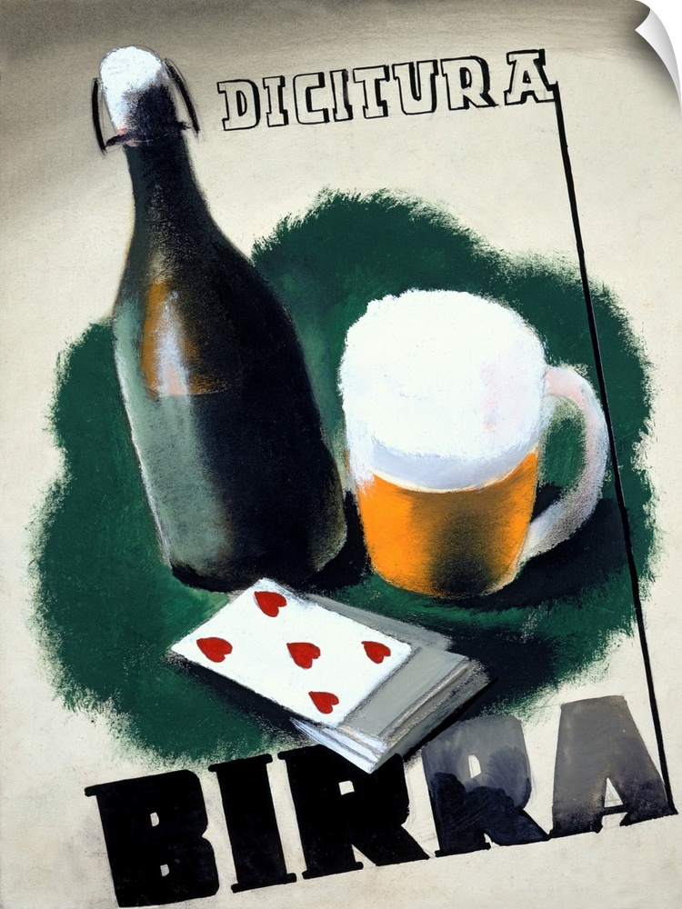 Old advertising poster with glass bottle, cup of beer with foam, playing cards, and the text "Birra."