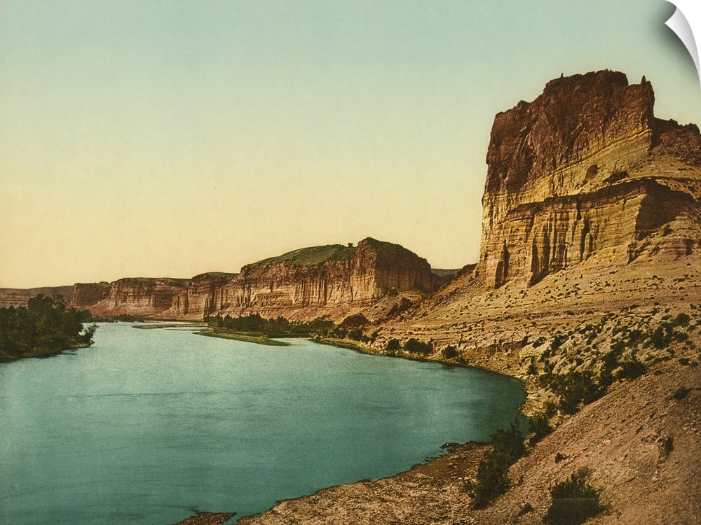 Hand colored photograph of bluffs of the green river.