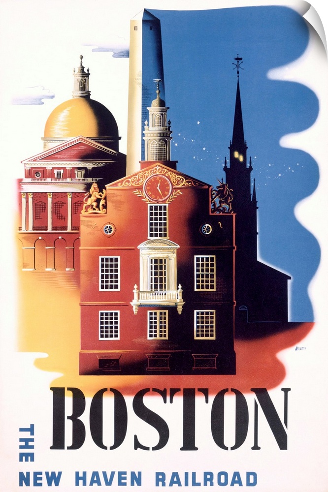 Old poster print advertising U.S city.  There are buildings on the poster with the name of the city at the bottom.
