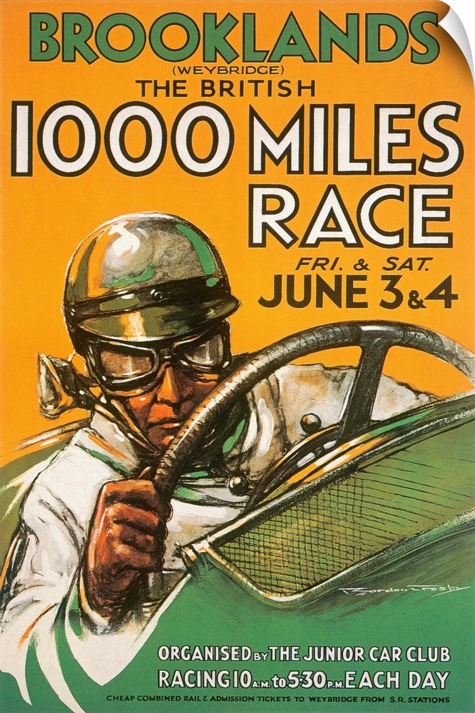 Antique poster of a painting of a man driving a racing car with text advertising a race.