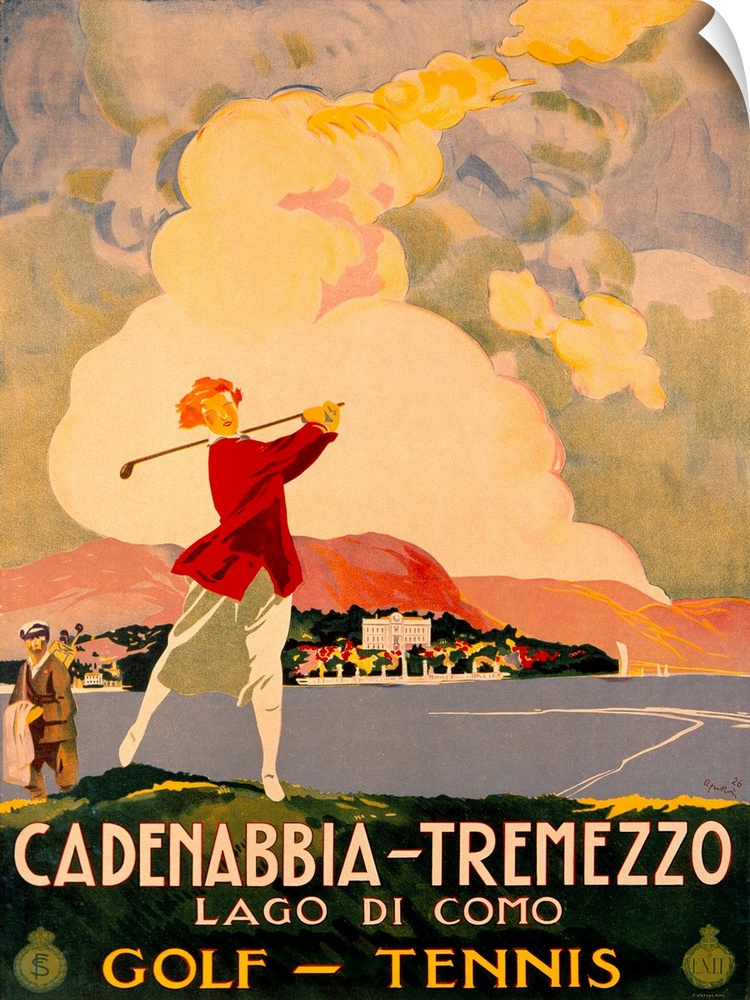 Large, vertical vintage advertisement for golf and tennis in Cadenabbia.  A woman swings a golf club in the foreground, bu...