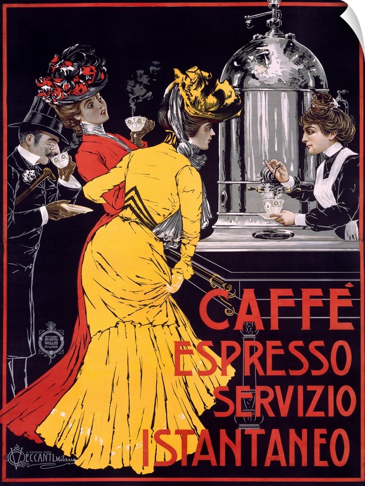 Classic advertisement for Caffe Espresso Servizio Instantaneo featuring two elegant ladies and a well-dressed man drinking...