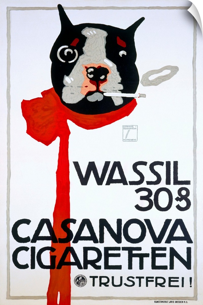 Advertising poster featuring a small dog wearing a red scarf and smoking, with one smoke ring floating away.