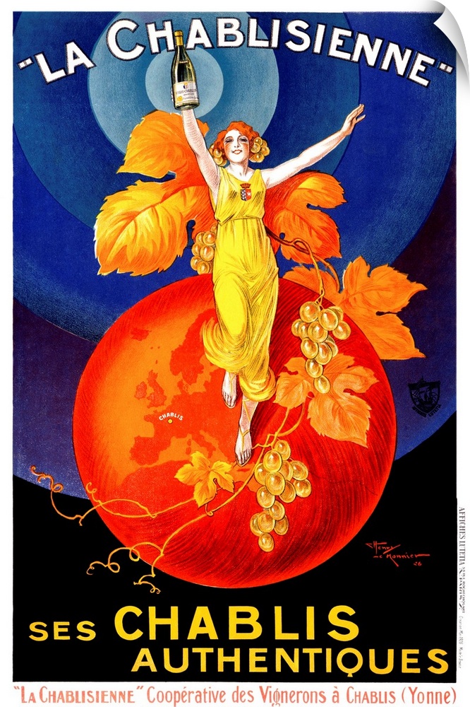 Colorful vintage advertising poster for white wine, featuring a glamorous red-headed woman standing on top of a red globe....