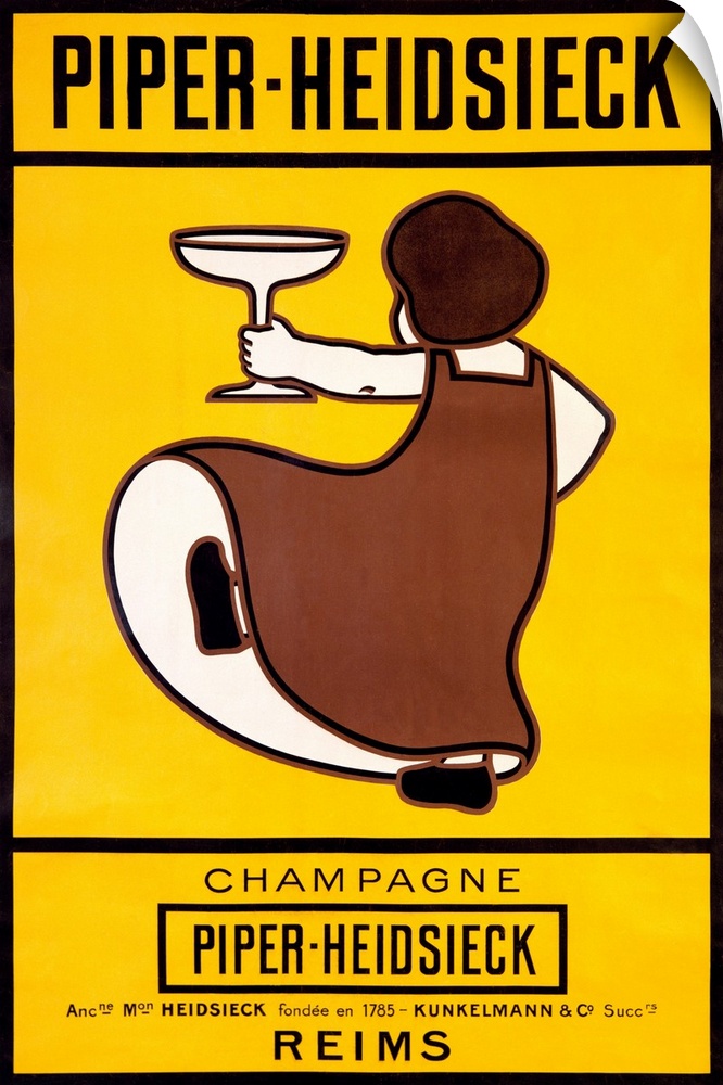 Vintage champagne poster selling Piper-Heidsieck brand with a woman holding a champagne glass dancing.