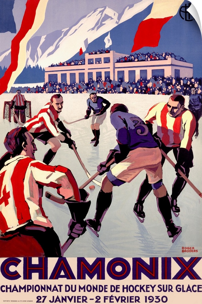 Large, vertical,  Art Deco style, French vintage poster  of Championnat Du Monde De Hockey.  Two teams playing ice hockey ...
