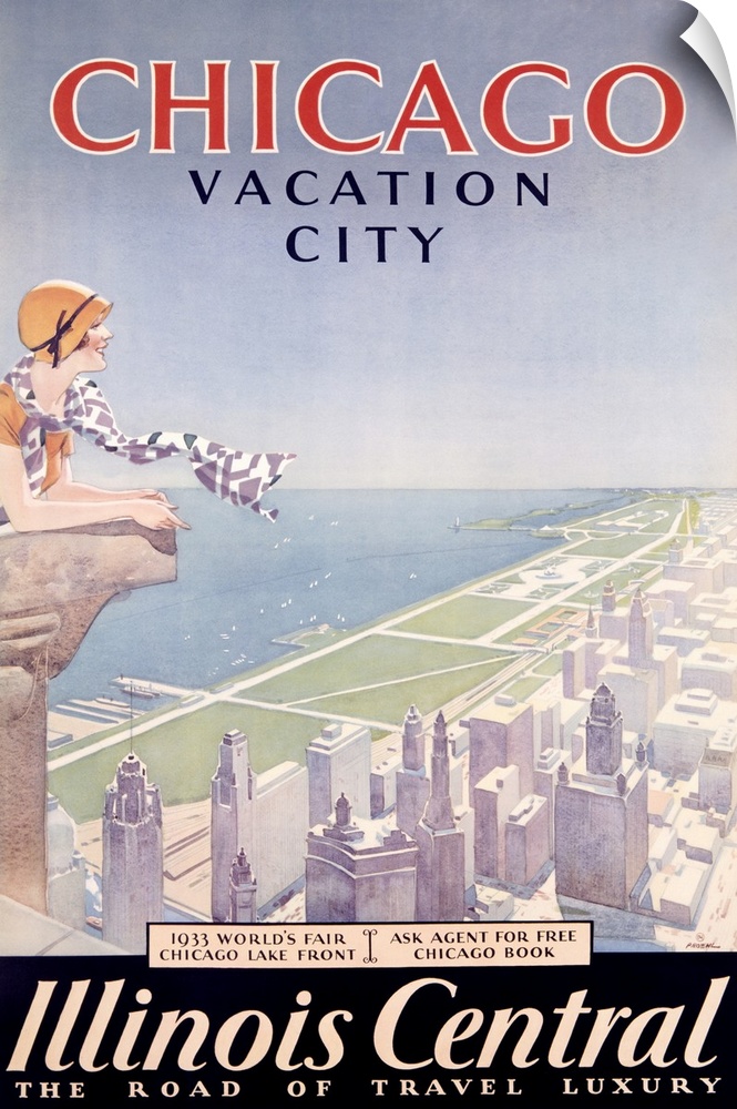 Vintage travel advertising poster for the city of Chicago, featuring a woman with a flowing scarf looking over a stone bal...