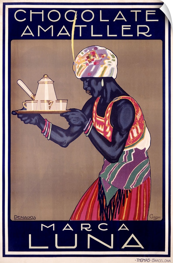 Vintage style artwork that shows a butler carrying a tray of tea as he holds his head slightly down.