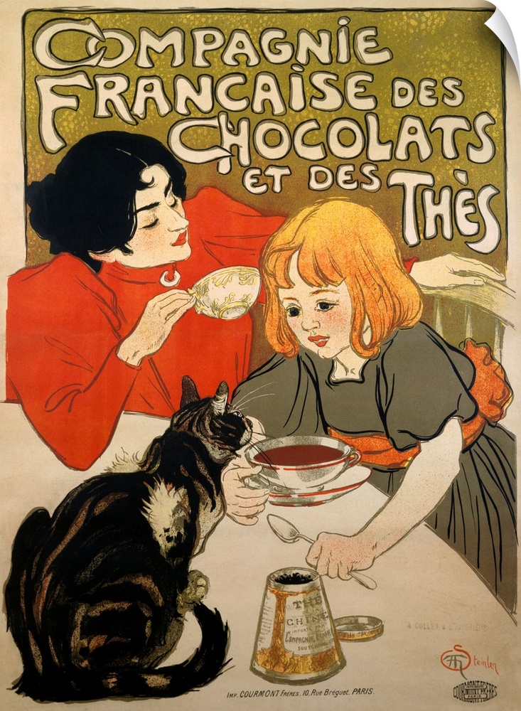 Old advertising poster with a mother and daughter sitting at a table drinking hot chocolate.  There is a cat sitting on to...