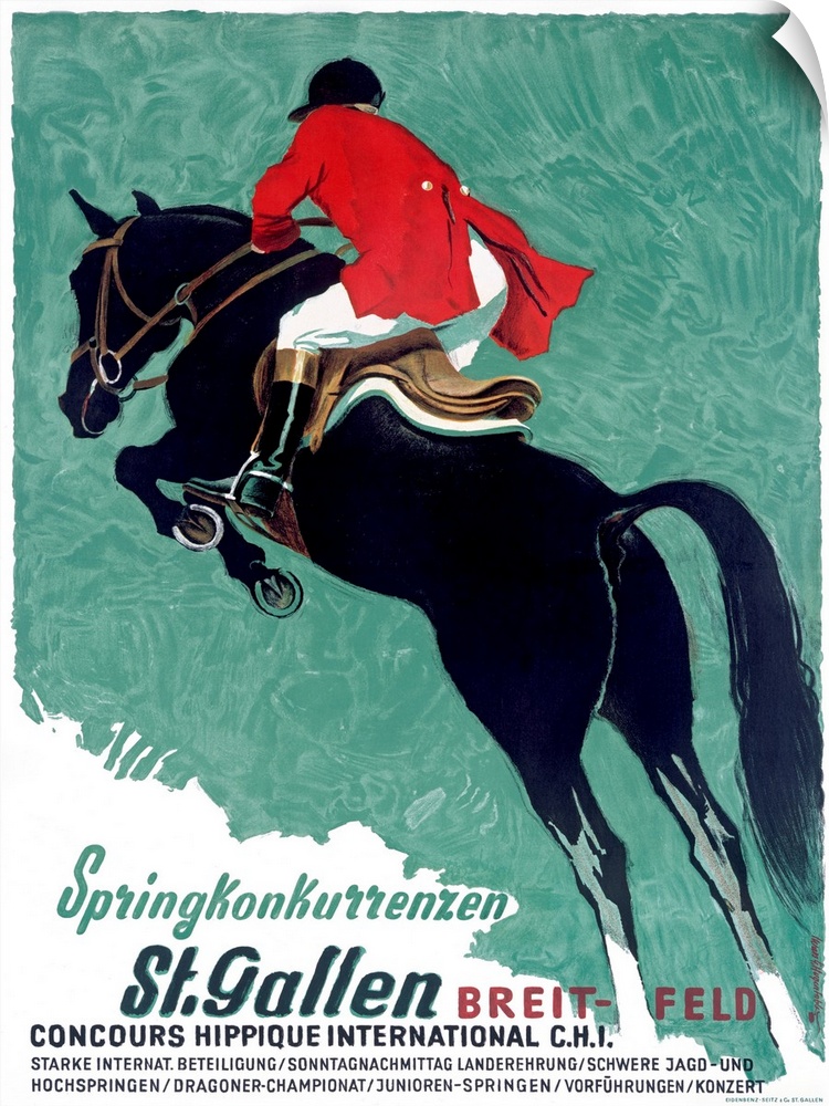Classic promotional piece for Concours Hippique International in St. Gallen featuring a rider on top of a leaping horse.