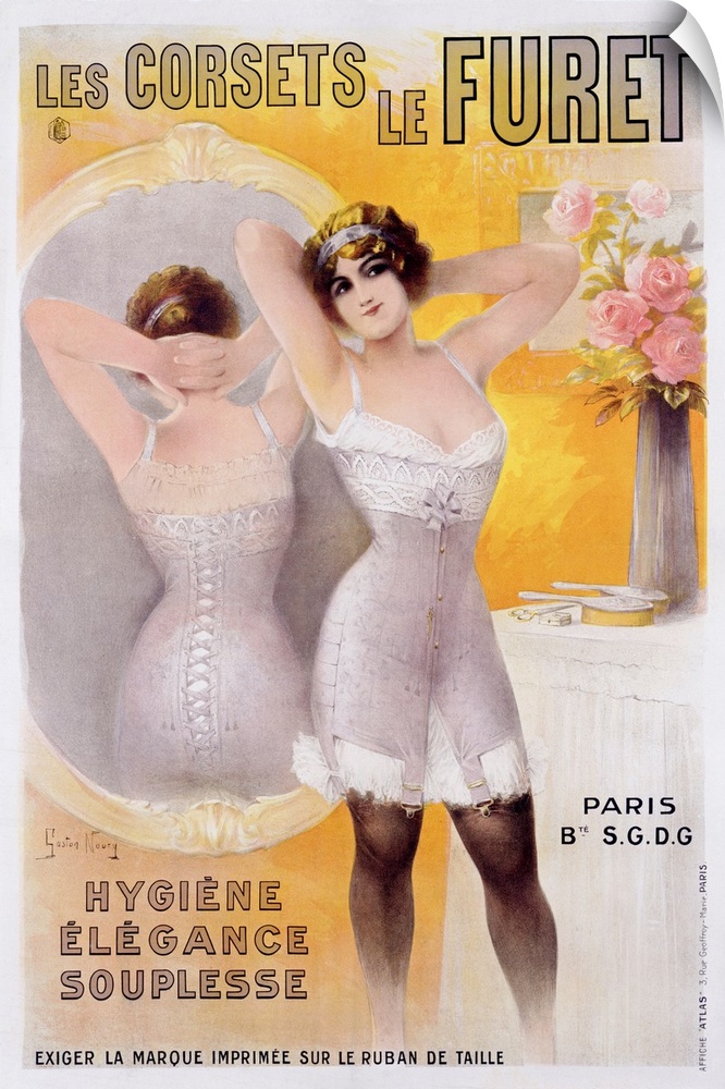 Vertical vintage advertisement for Corsets le Furet with French text.  A woman in a vintage corset stands with her back to...