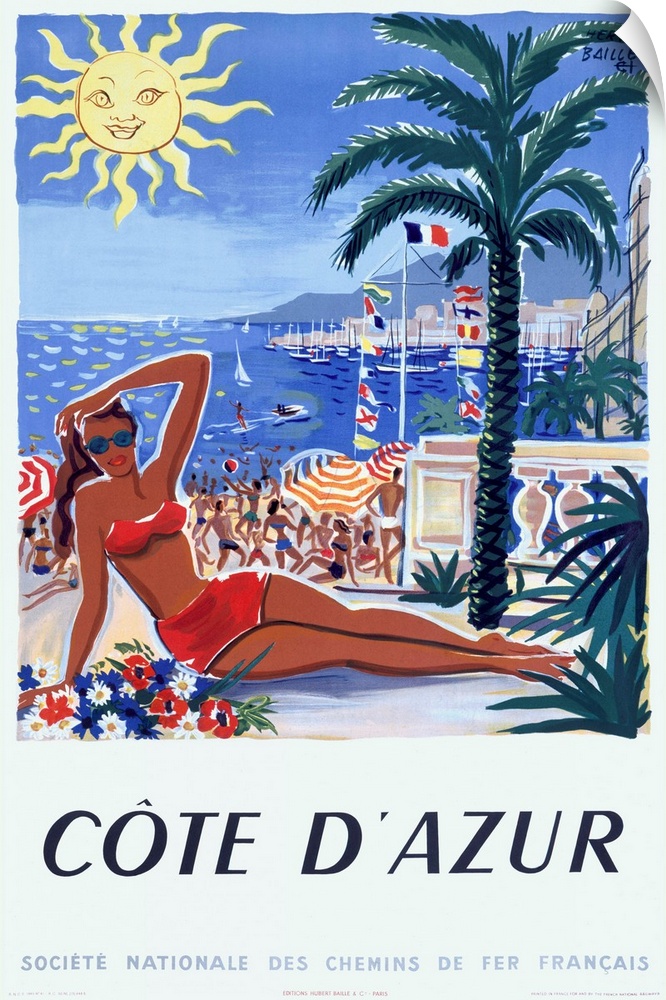 Vintage artwork that shows a woman close up in a bathing suit with more people playing on the beach behind her. Palm trees...