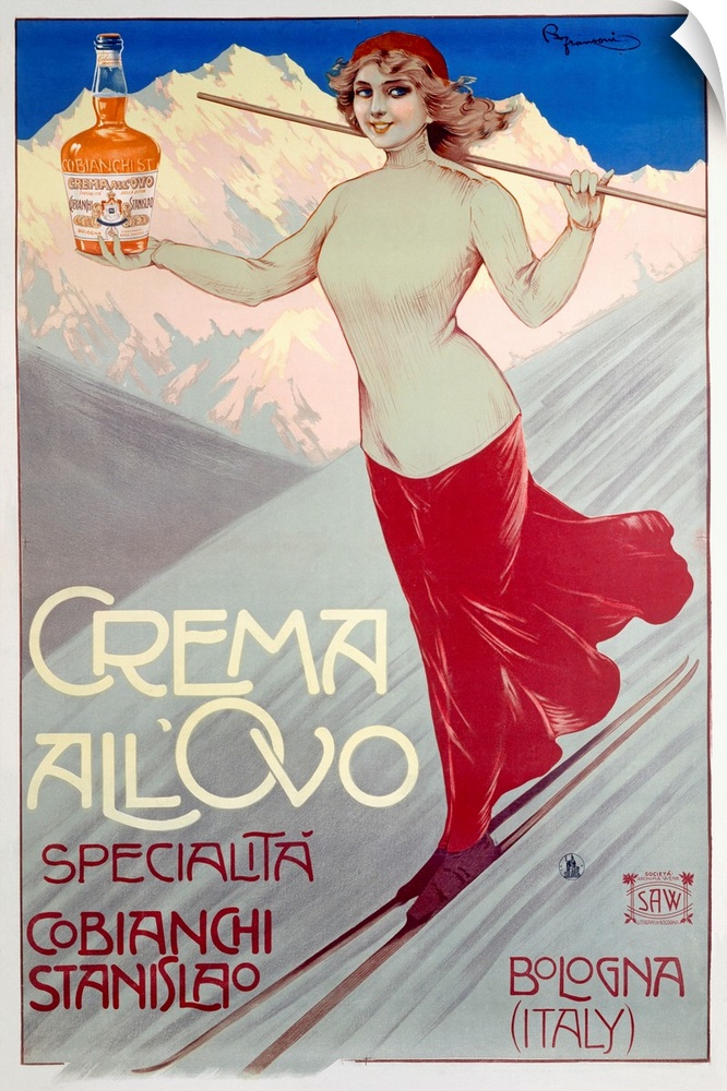 This large vintage poster shows a woman skiing down a mountain while holding out a bottle of liquor. Text in Italian is wr...