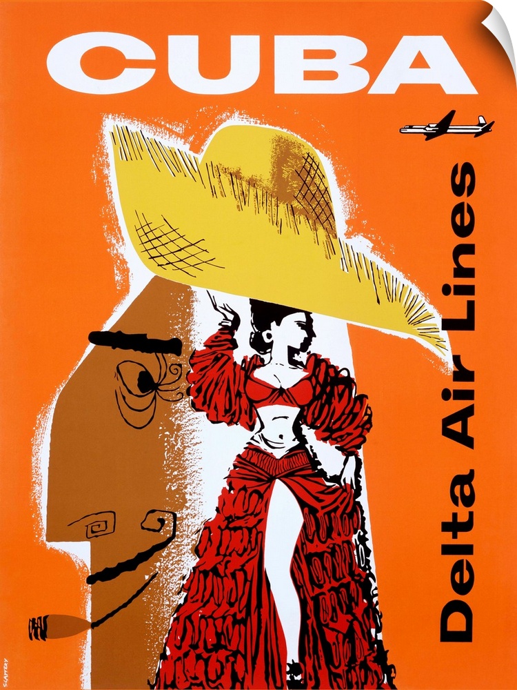 This vintage poster shows a woman in salsa attire standing in front of an enlarged head of a man wearing a sombrero so tha...