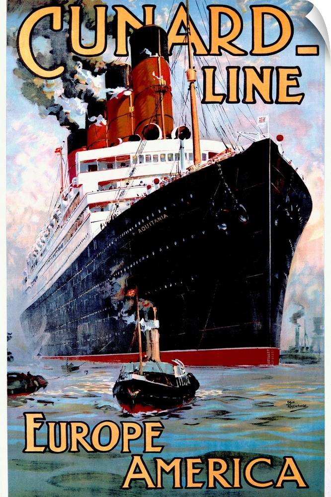 Vintage poster of an immense passenger ship that is being pulled by a small tug boat at the bottom of the painting.