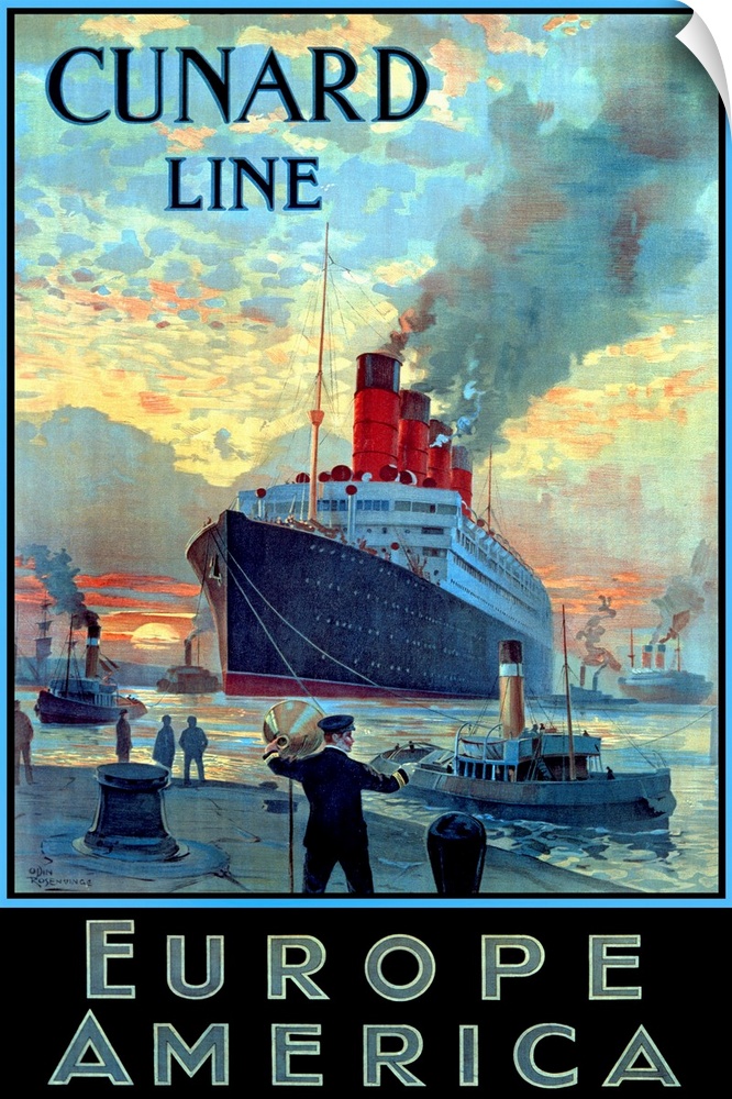 Advertising poster promoting travel by large ship across the Atlantic ocean. The ship arrives at the dock in the morning a...
