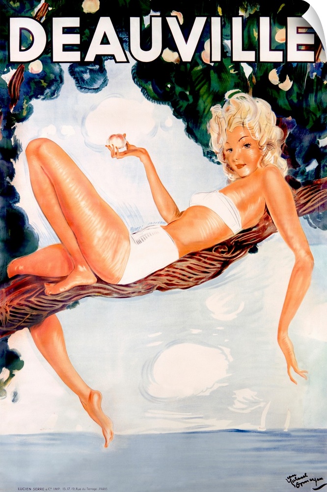 A painting of a blonde bikini wearing pin-up style woman holding fruit while lounging in a tree above the water.
