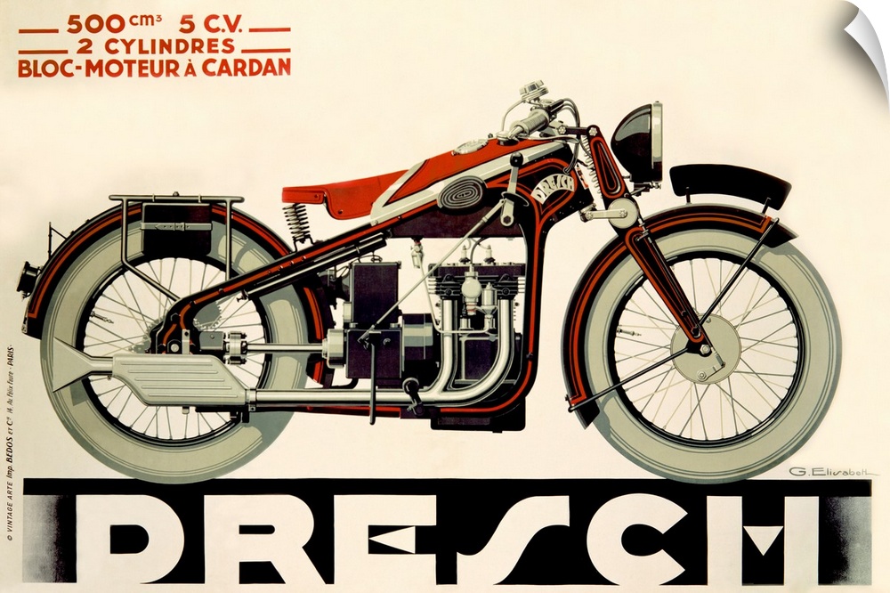 Large, horizontal vintage art advertisement of a Dresch, 500 CC Motorcycle in black and red, on a solid cream background.