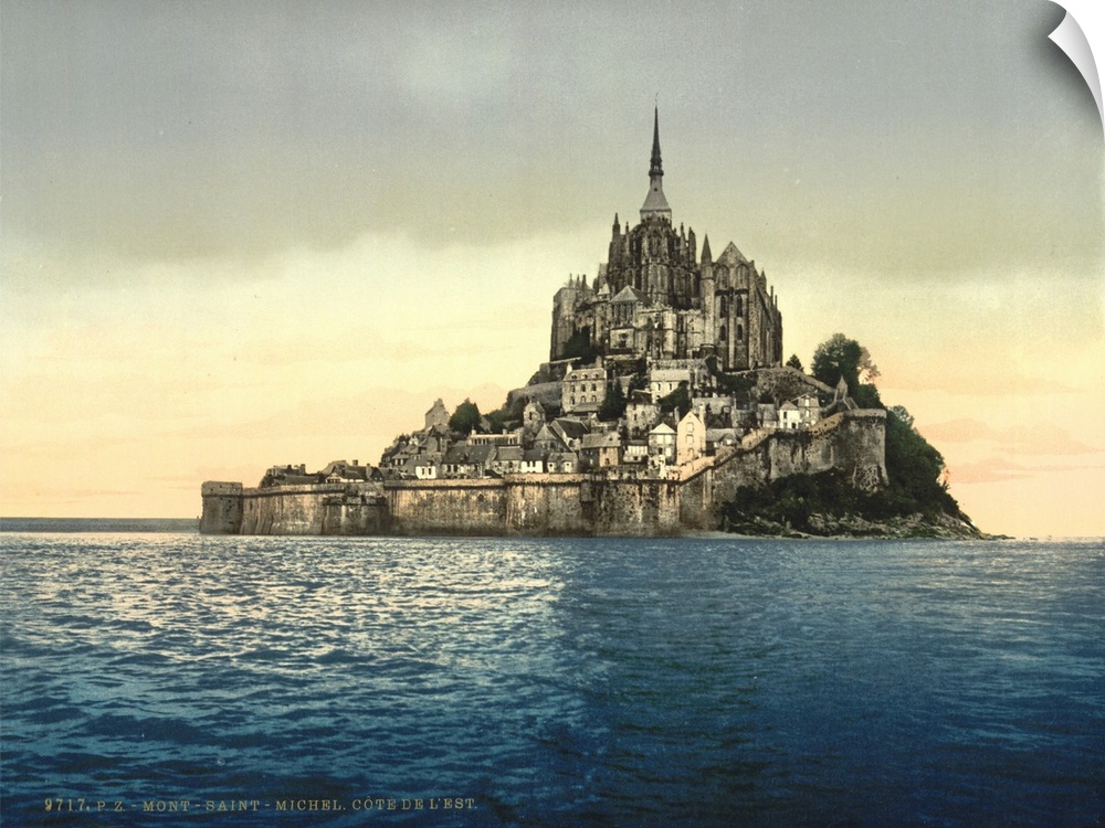 Hand colored photograph of east coast at high water, Le Mont St. Michel, France.