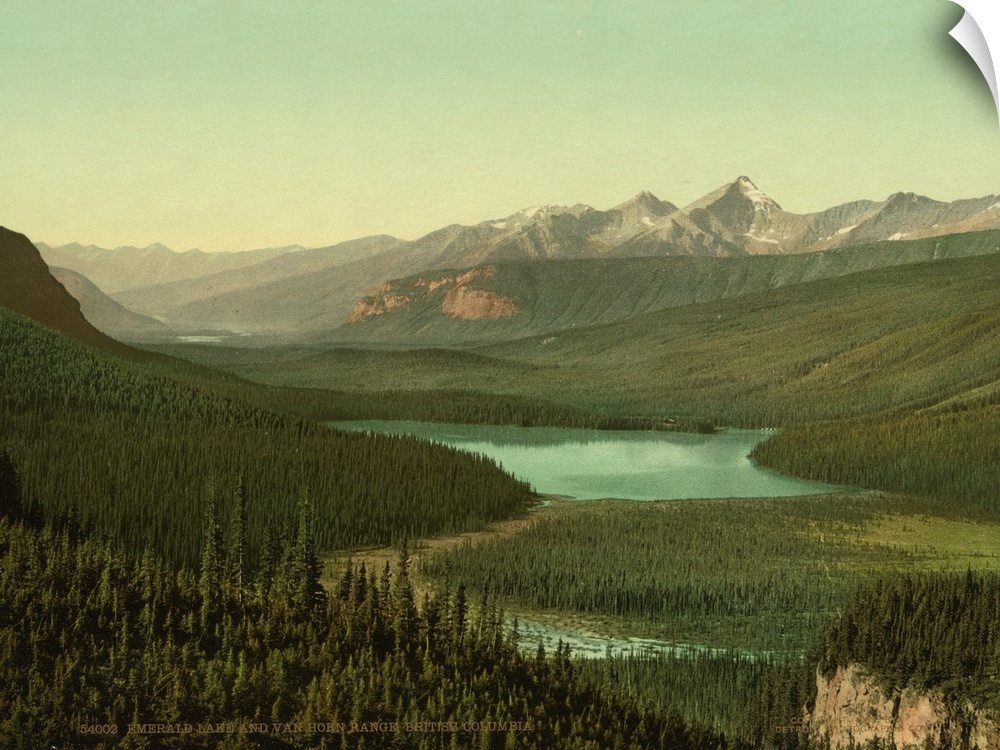 Hand colored photograph of emerald lake and van horn i.e., Horne range, British Columbia.