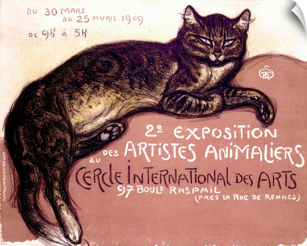 An antiqued poster with a painting of a cat laying down on canvas.