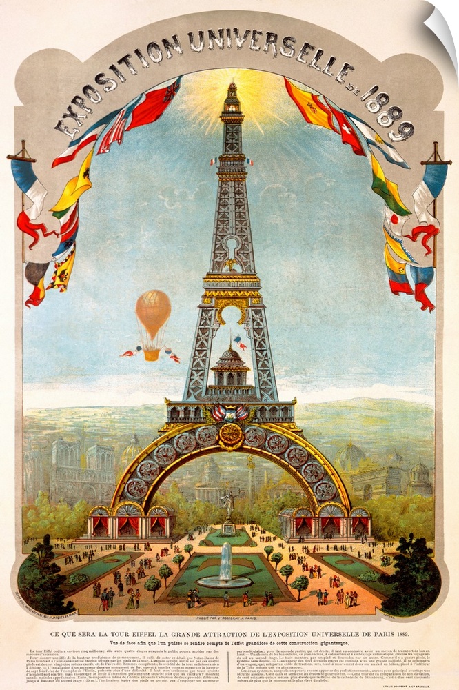 Vertical canvas print of an antique poster of the Eiffel Tower with a hot air balloon in the sky.