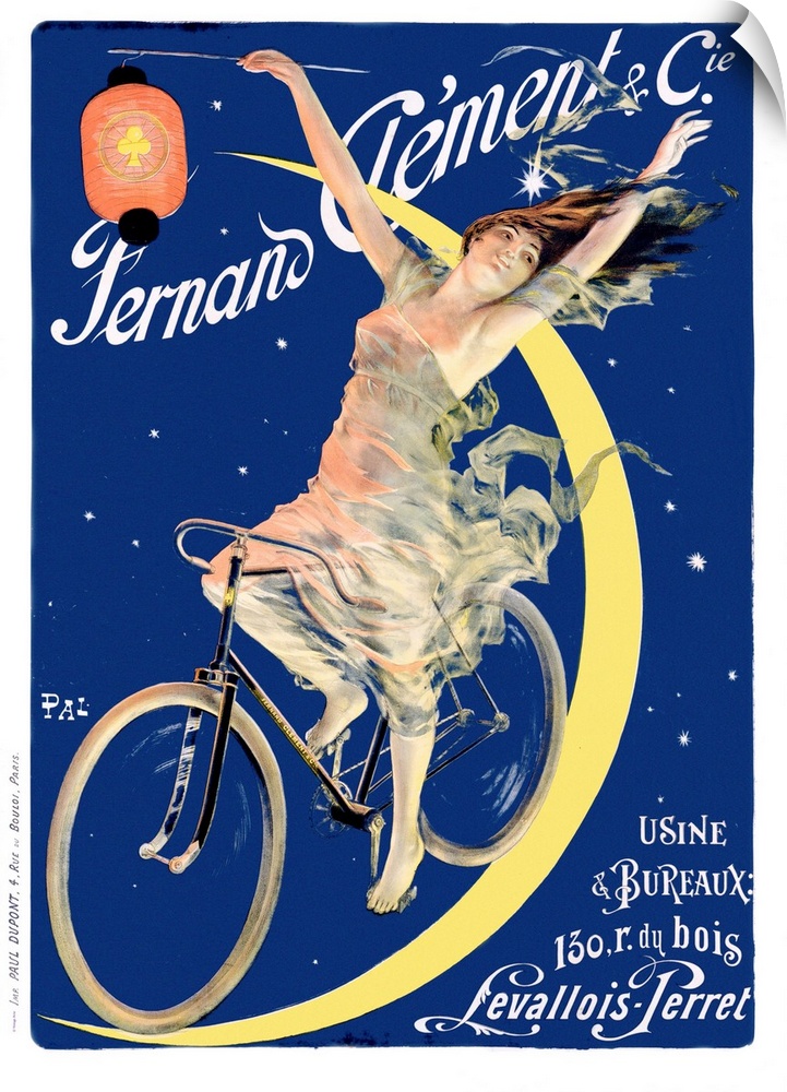 Big, vertical vintage advertisement for Fernand Clement with French text at the bottom.  A woman in a flowing dress, holdi...