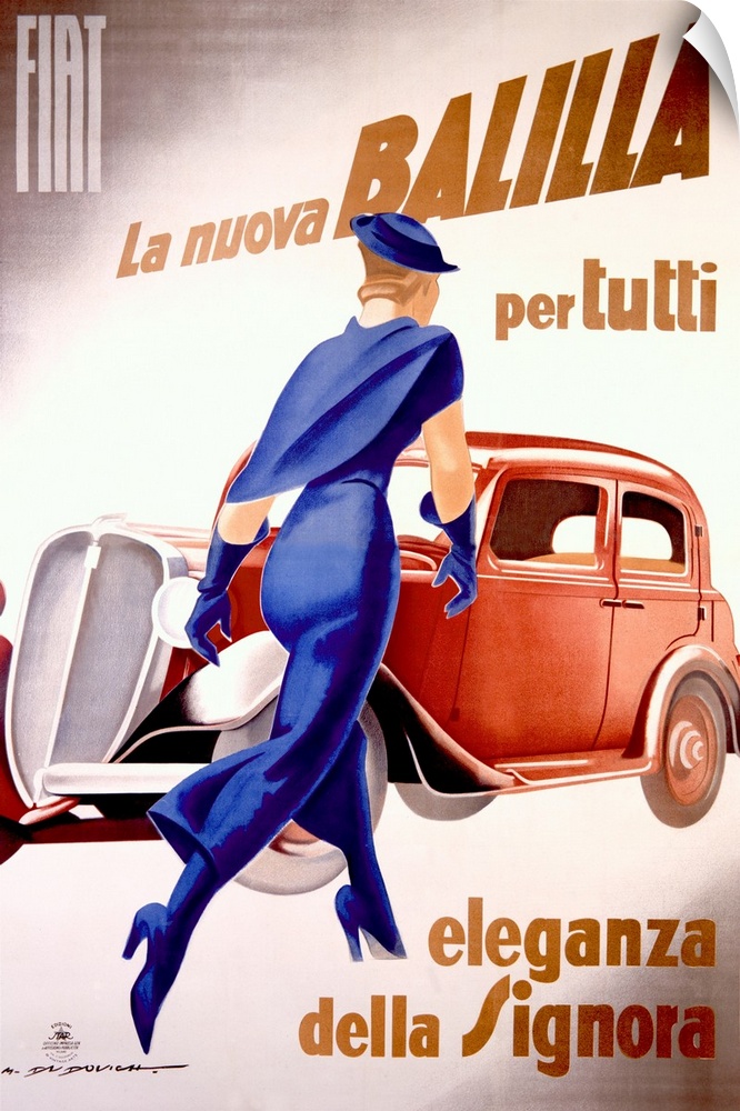 This is a vertical, vintage advertisement in the Art Deco style for the Italian car Fiat that shows an elegantly dress wom...