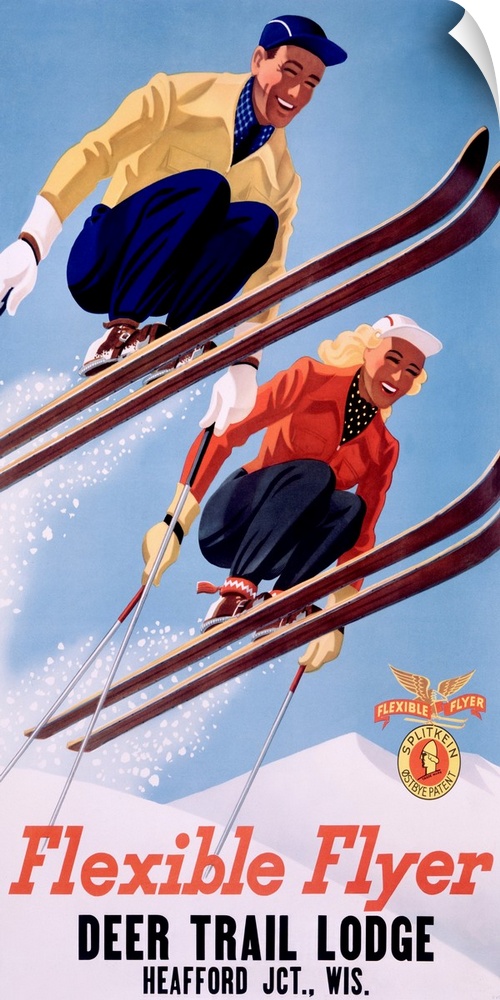 Old poster print advertising ski lodge.  Two skiers are in mid air over snow with the text "Deer Trail Lodge Heafford JCT....