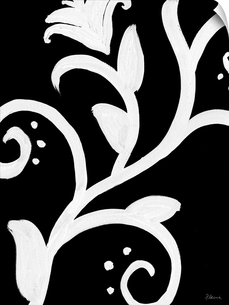 Wall art of the outlines of curving flowers painted on top of a dark background.