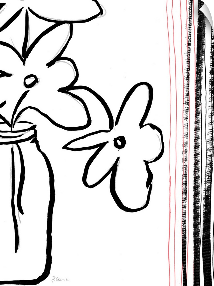 Simple flowers are drawn sprouting out from a vase with strips of paint on the right side of the piece.