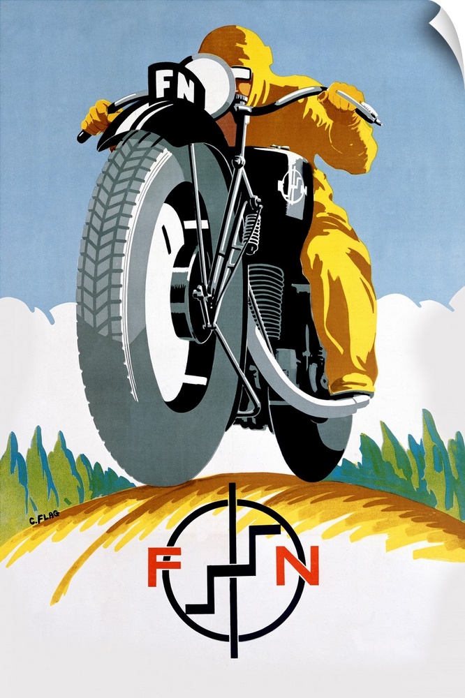 Large print of a antiqued poster of a guy riding a motorcycle with a symbol at the bottom.