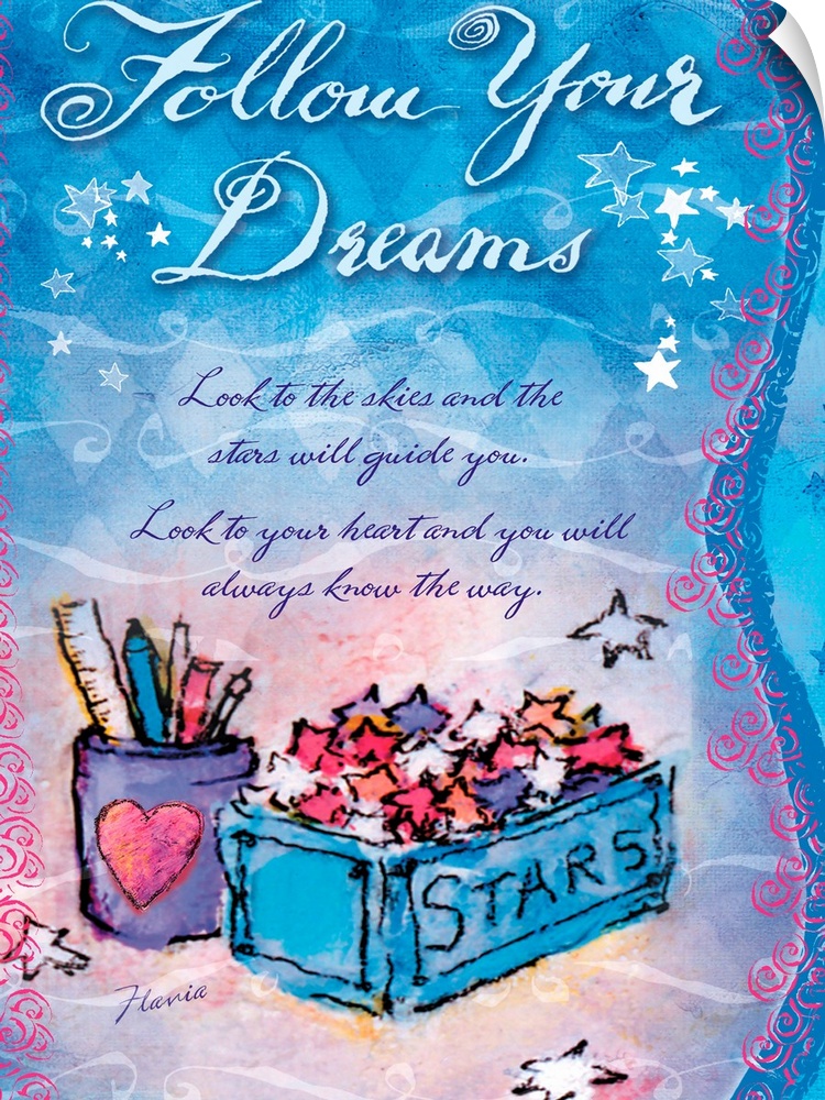 Inspirational painting with stars and whimsical designs urging you to follow your dreams.